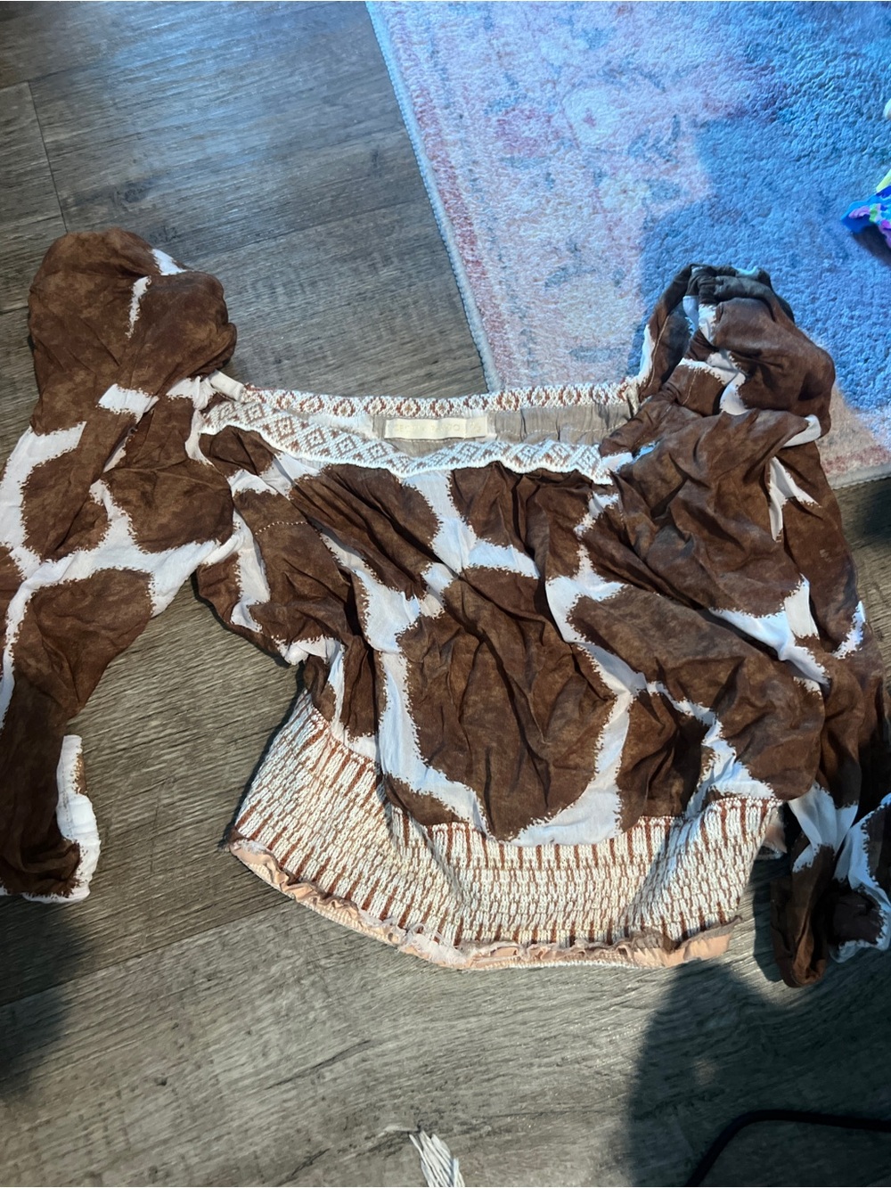 Cecilia Prado Brown and White Patterned Off-Shoulder Smocked Women's Top